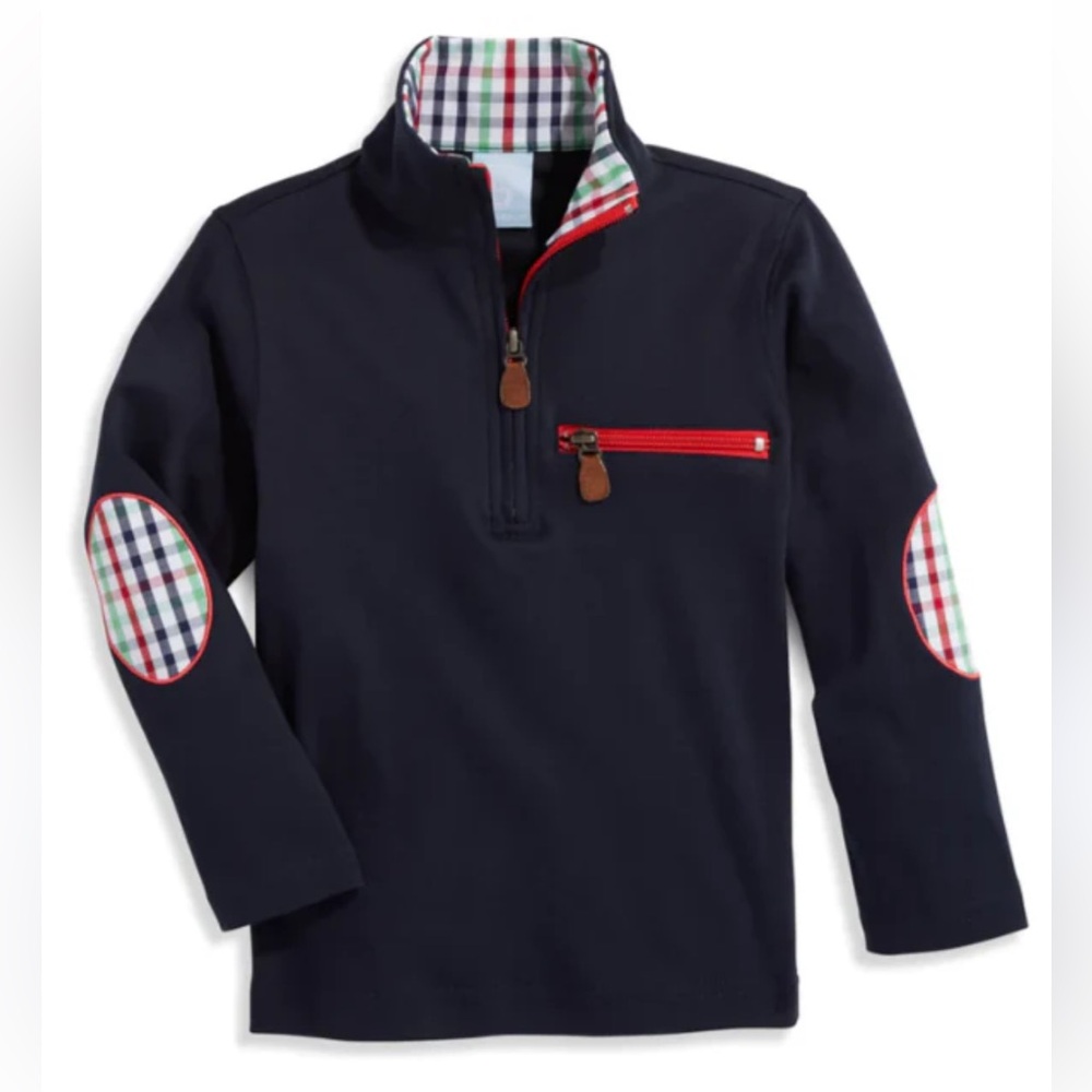 Bella Bliss-Boys 1/4 Zip Sweatshirt w/Red & Plaid Accents, Navy, Size 12, EUC